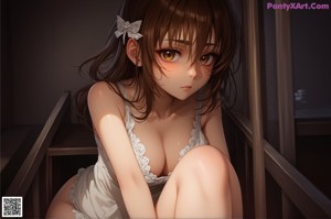 A woman in a white dress sitting on a bed.