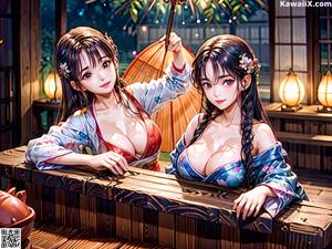 A couple of women sitting at a table under an umbrella.