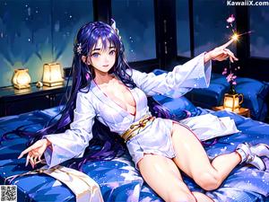 A woman in a white kimono laying on a bed.